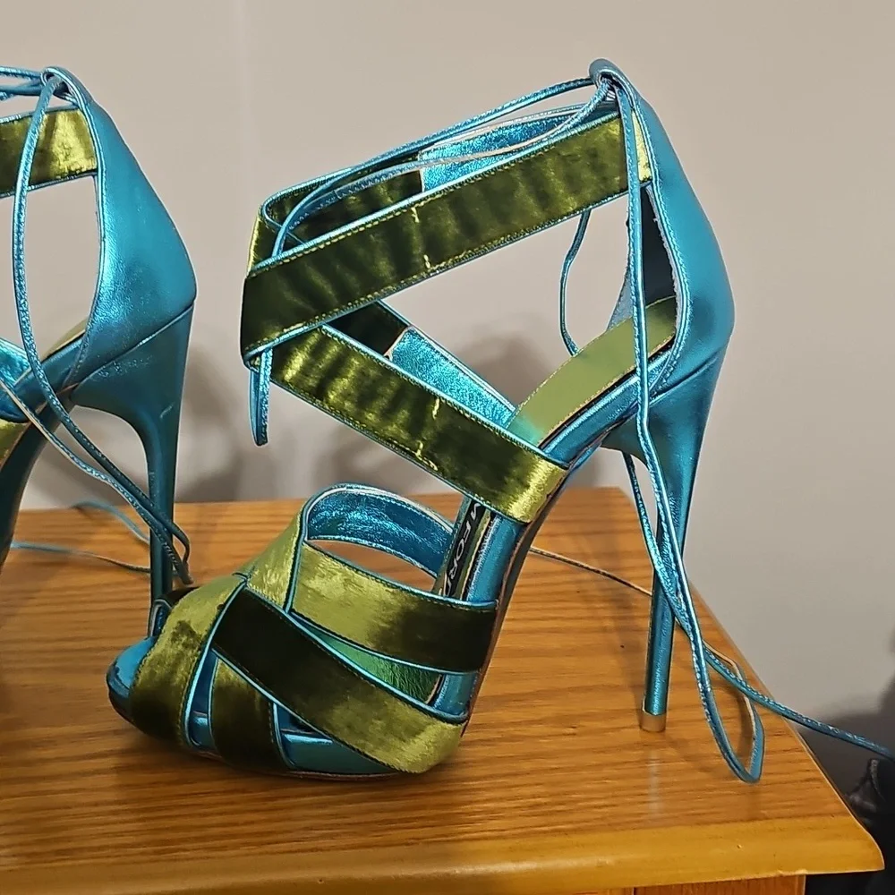 Tom Ford Teal and Lime Green Satin Strappy High Heel Sandals - Picture 6 of 13